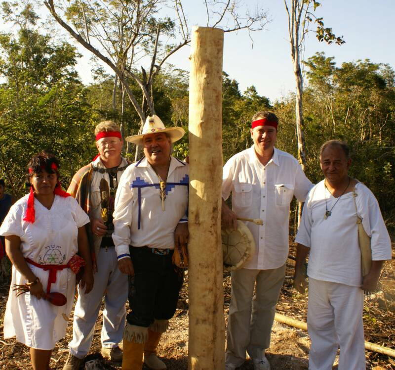 Mayan Groundbreaking Ceremony: Mayan Community Leader - Lupita, Memnosyne Foundation Executive Director - Coke Buchanan, Memnosyne Foundation Chair of Global Board of Indigenous Leaders - Gregory Gomez of Apache Tribe, Memnosyne Foundation Director of Programs - Dr. Todd Collier, Mayan Professor - Ricardo 